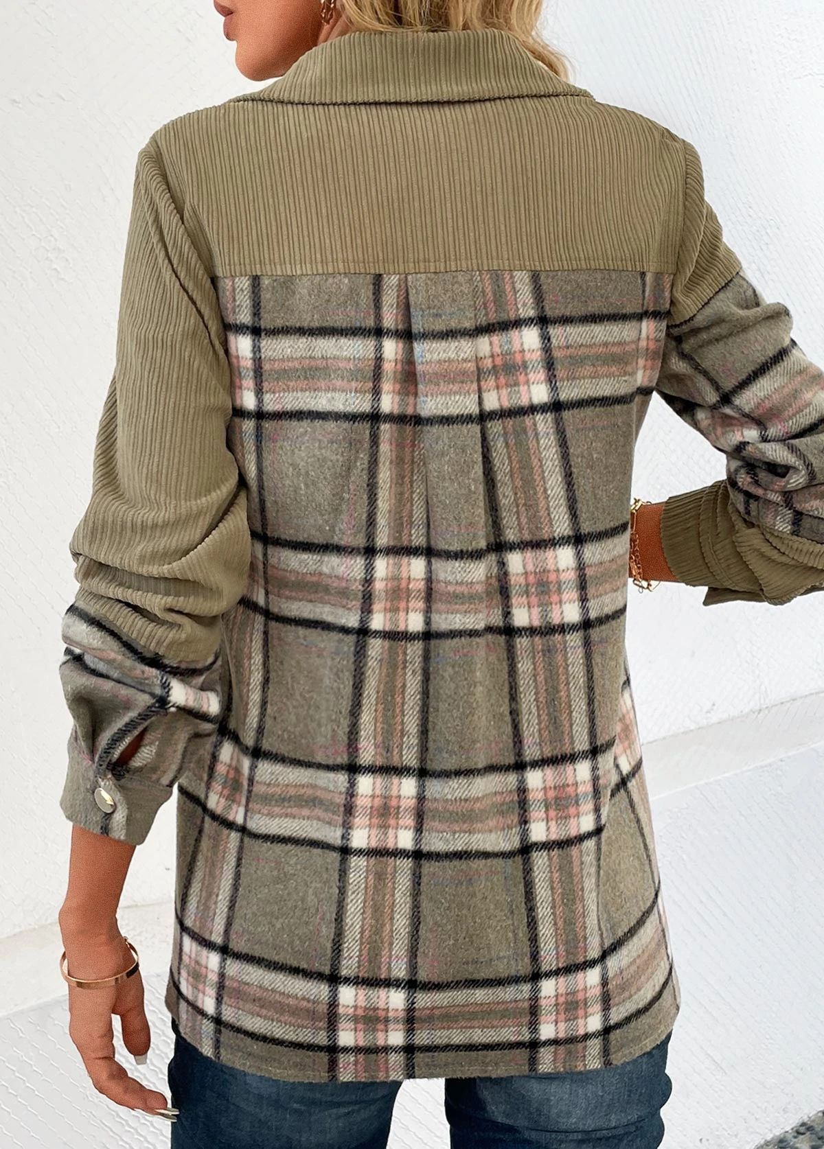 Olive Green Patchwork Plaid Long Sleeve Shirt Collar Blouse 4 Olive Green Patchwork Plaid Long Sleeve Shirt Collar Blouse - Image 2