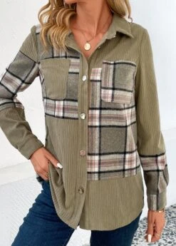 Olive Green Patchwork Plaid Long Sleeve Shirt Collar Blouse 13 Olive Green Patchwork Plaid Long Sleeve Shirt Collar Blouse -UrbanLayer Store 342398 P 16987498206942