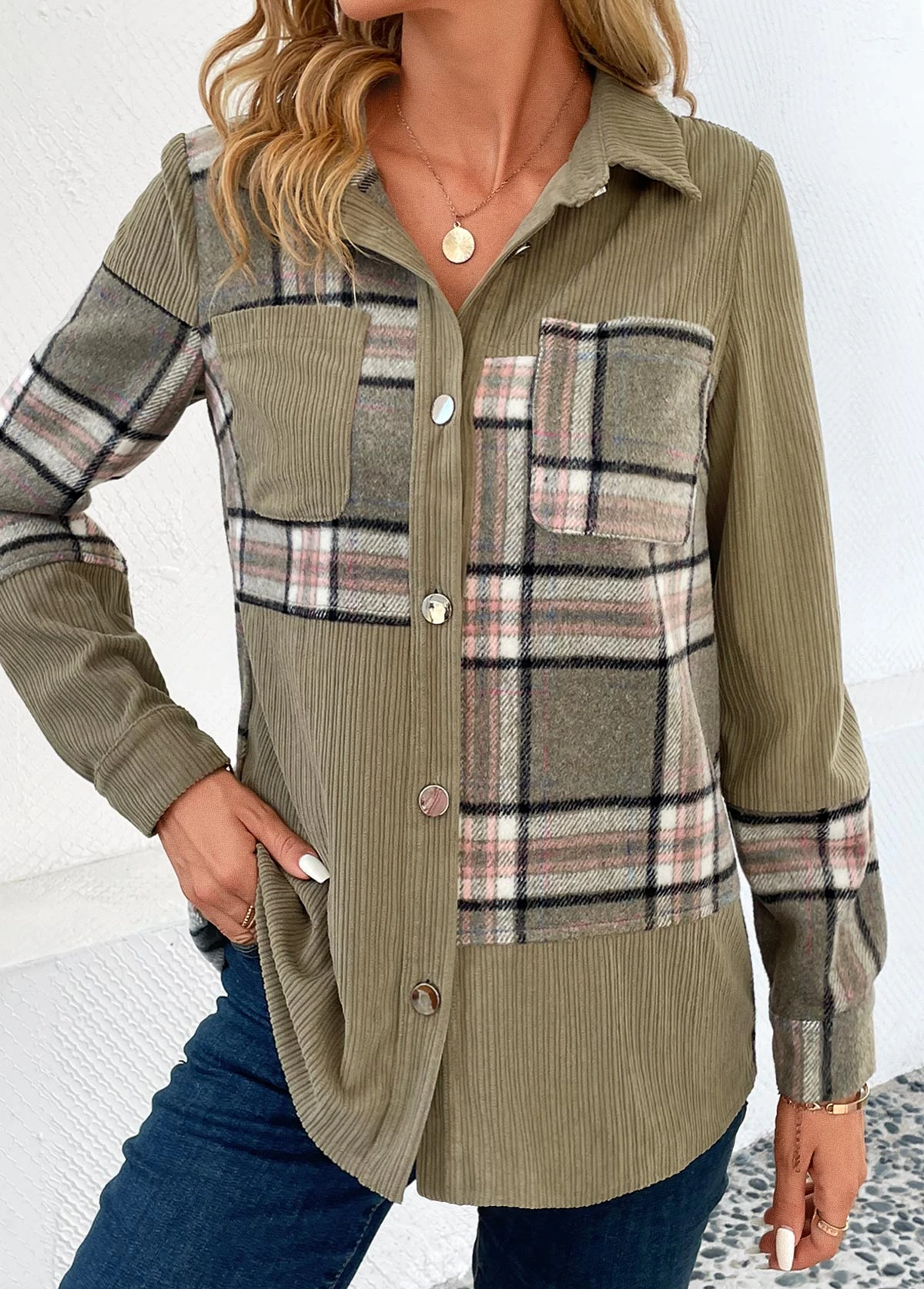 Olive Green Patchwork Plaid Long Sleeve Shirt Collar Blouse 6 Olive Green Patchwork Plaid Long Sleeve Shirt Collar Blouse - Image 4