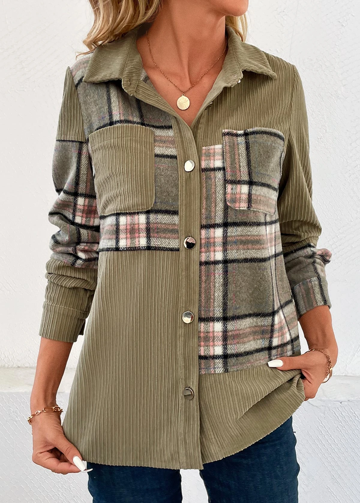 Olive Green Patchwork Plaid Long Sleeve Shirt Collar Blouse 7 Olive Green Patchwork Plaid Long Sleeve Shirt Collar Blouse - Image 5