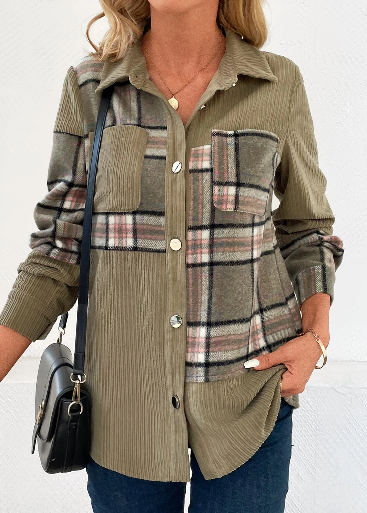 Olive Green Patchwork Plaid Long Sleeve Shirt Collar Blouse 5 Olive Green Patchwork Plaid Long Sleeve Shirt Collar Blouse - Image 3