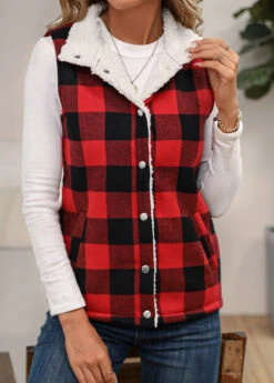 Red Insert Plaid Sleeveless Turn Down Collar Waistcoat -UrbanLayer Store 342480 P 16952991730523