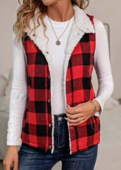 Red Insert Plaid Sleeveless Turn Down Collar Waistcoat -UrbanLayer Store 342480 P 16952991731542