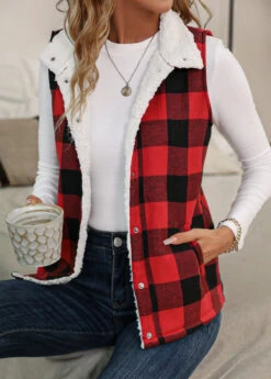 Red Insert Plaid Sleeveless Turn Down Collar Waistcoat