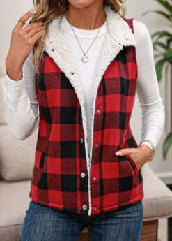 Red Insert Plaid Sleeveless Turn Down Collar Waistcoat -UrbanLayer Store 342480 P 16952991737760