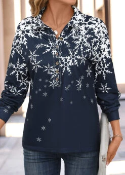 Dark Blue Button Snowflake Print Long Sleeve Blouse 12 Dark Blue Button Snowflake Print Long Sleeve Blouse -UrbanLayer Store 342488 P 16967608662734