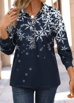 Dark Blue Button Snowflake Print Long Sleeve Blouse 10 Dark Blue Button Snowflake Print Long Sleeve Blouse -UrbanLayer Store 342488 P 16967608667942