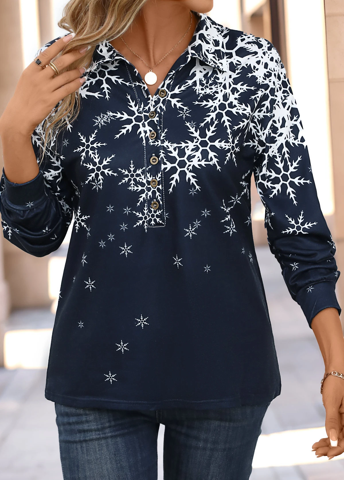 Dark Blue Button Snowflake Print Long Sleeve Blouse 5 Dark Blue Button Snowflake Print Long Sleeve Blouse - Image 3