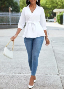 White Criss Cross Belted Three Quarter Length Sleeve Blouse 9 White Criss Cross Belted Three Quarter Length Sleeve Blouse -UrbanLayer Store 343028 P 16975369425933