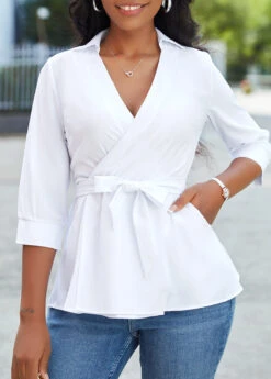 White Criss Cross Belted Three Quarter Length Sleeve Blouse