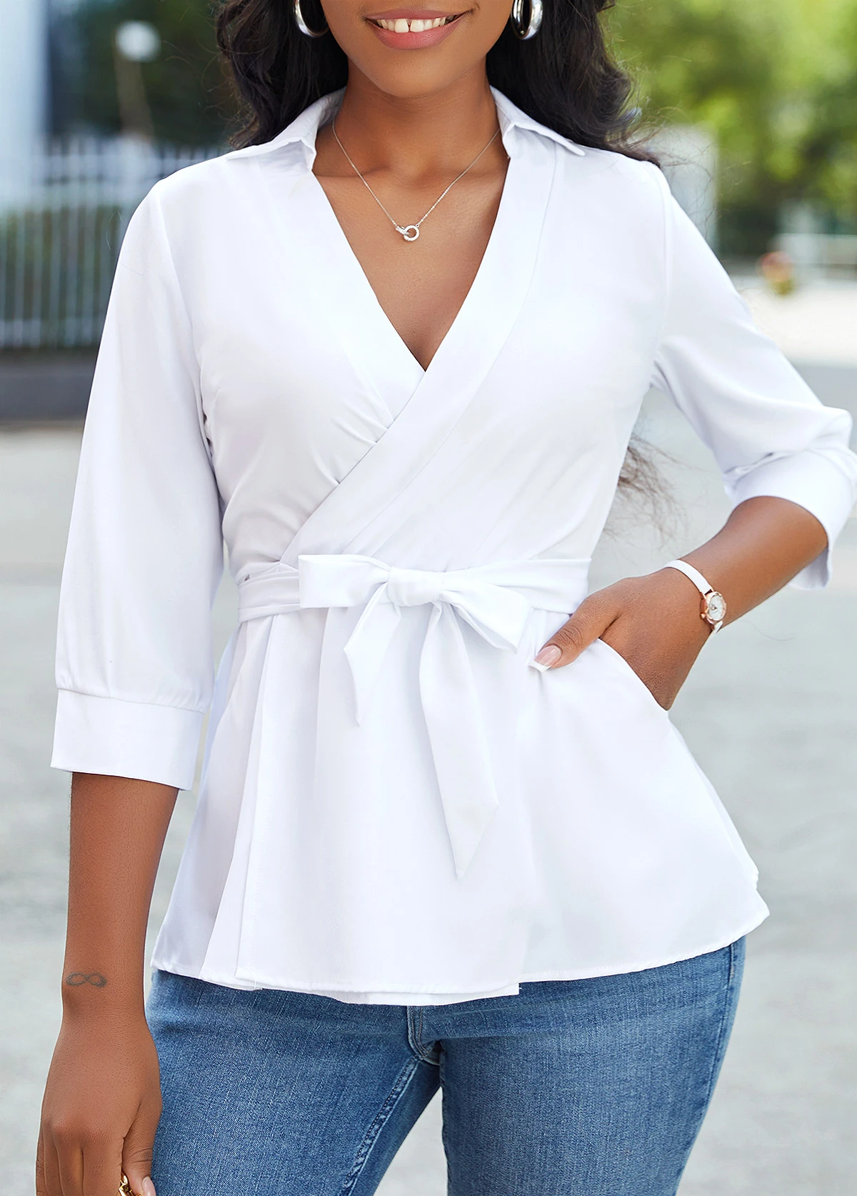 White Criss Cross Belted Three Quarter Length Sleeve Blouse 3 White Criss Cross Belted Three Quarter Length Sleeve Blouse