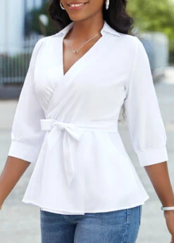 White Criss Cross Belted Three Quarter Length Sleeve Blouse 8 White Criss Cross Belted Three Quarter Length Sleeve Blouse -UrbanLayer Store 343028 P 16975369427492