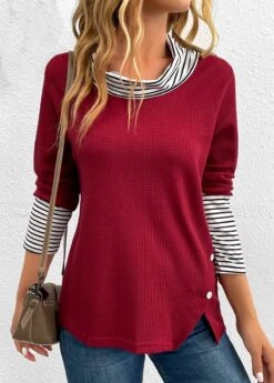 Wine Red Button Striped Long Sleeve T Shirt 11 Wine Red Button Striped Long Sleeve T Shirt -UrbanLayer Store 343320 P 16976796211313