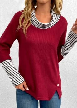Wine Red Button Striped Long Sleeve T Shirt 12 Wine Red Button Striped Long Sleeve T Shirt -UrbanLayer Store 343320 P 16976796212484