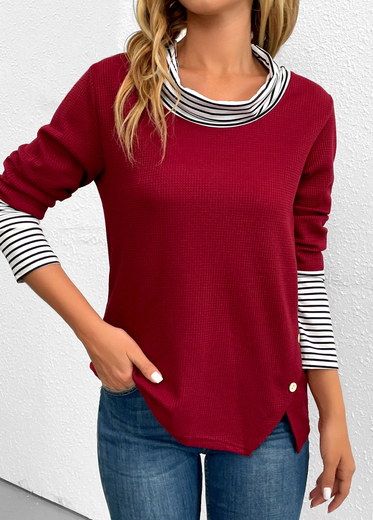 Wine Red Button Striped Long Sleeve T Shirt 5 Wine Red Button Striped Long Sleeve T Shirt - Image 3