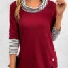 Wine Red Button Striped Long Sleeve T Shirt -UrbanLayer Store 343320 P 16976796218310