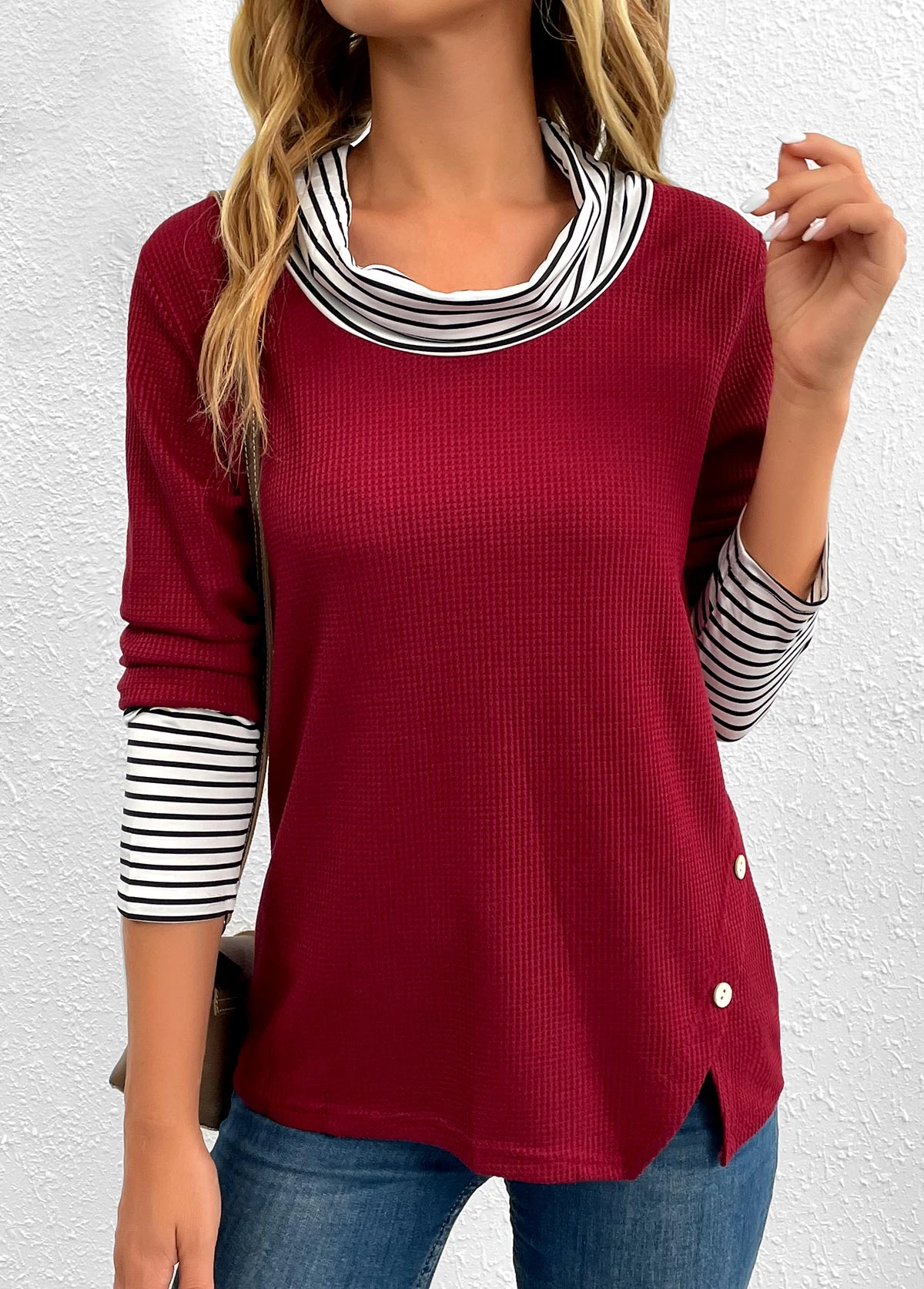 Wine Red Button Striped Long Sleeve T Shirt 3 Wine Red Button Striped Long Sleeve T Shirt