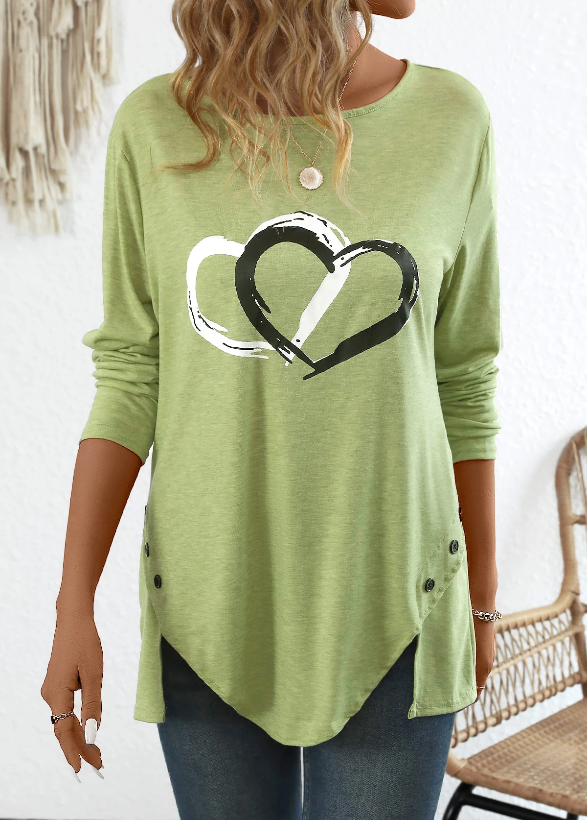 Avocado Green Split Heart Print Long Sleeve T Shirt 3 Avocado Green Split Heart Print Long Sleeve T Shirt