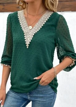 Green Patchwork Long Sleeve V Neck Blouse -UrbanLayer Store 343452 P 16979661327342
