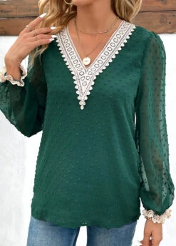 Green Patchwork Long Sleeve V Neck Blouse -UrbanLayer Store 343452 P 16979661327953