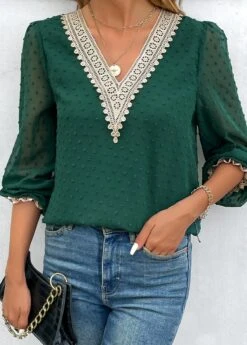 Green Patchwork Long Sleeve V Neck Blouse -UrbanLayer Store 343452 P 16979661331825