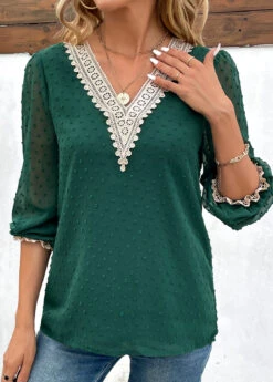 Green Patchwork Long Sleeve V Neck Blouse -UrbanLayer Store 343452 P 16979661334294