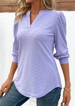 Light Purple Jacquard Long Sleeve V Neck Blouse -UrbanLayer Store 343453 P 16978017021572