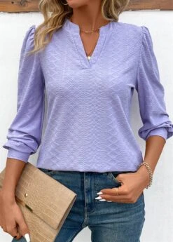 Light Purple Jacquard Long Sleeve V Neck Blouse -UrbanLayer Store 343453 P 16978017022393