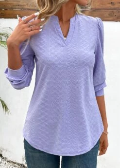 Light Purple Jacquard Long Sleeve V Neck Blouse -UrbanLayer Store 343453 P 16978017028124