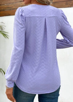 Light Purple Jacquard Long Sleeve V Neck Blouse -UrbanLayer Store 343453 P 16978017028161