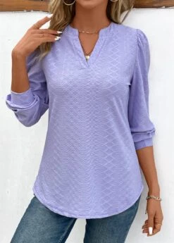 Light Purple Jacquard Long Sleeve V Neck Blouse -UrbanLayer Store 343453 P 16978017029245