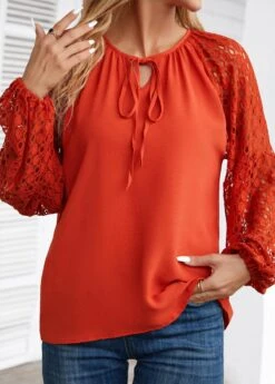 Orange Mesh Long Sleeve Round Neck Blouse