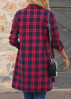 Red Button Plaid Extra Long Sleeve Shirt Collar Blouse -UrbanLayer Store 344134 P 16984065753421