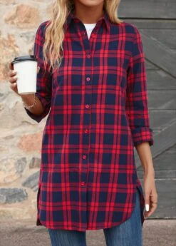 Red Button Plaid Extra Long Sleeve Shirt Collar Blouse -UrbanLayer Store 344134 P 16984065755755