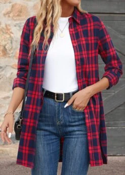 Red Button Plaid Extra Long Sleeve Shirt Collar Blouse -UrbanLayer Store 344134 P 16984065756503