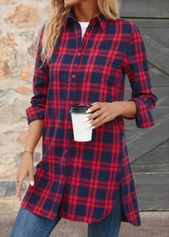Red Button Plaid Extra Long Sleeve Shirt Collar Blouse -UrbanLayer Store 344134 P 16984065759202