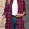 Red Button Plaid Extra Long Sleeve Shirt Collar Blouse -UrbanLayer Store 344134 P 16984065759700