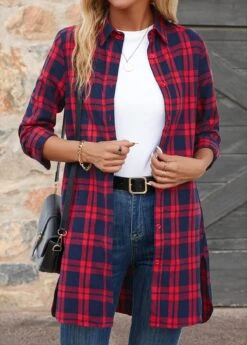Red Button Plaid Extra Long Sleeve Shirt Collar Blouse -UrbanLayer Store 344134 P 16984065759964