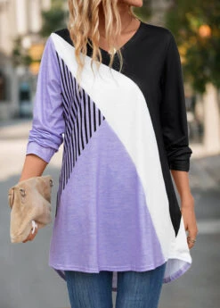 Light Purple Asymmetry Geometric Print Long Sleeve T Shirt