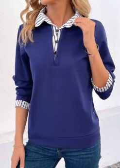 Navy Fake 2in1 Striped Shirt Collar Blouse