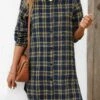 Navy Button Plaid Long Sleeve Shirt Collar Blouse -UrbanLayer Store 344323 P 16981475338573