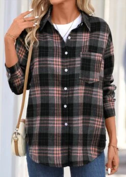 Dusty Pink Button Plaid Long Sleeve Shirt Collar Blouse -UrbanLayer Store 344419 P 16988346904994