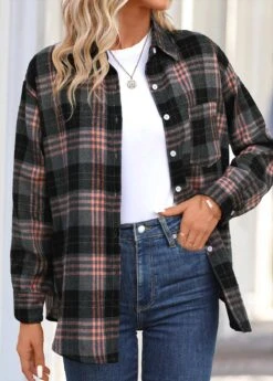 Dusty Pink Button Plaid Long Sleeve Shirt Collar Blouse -UrbanLayer Store 344419 P 16988346907843