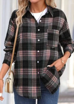 Dusty Pink Button Plaid Long Sleeve Shirt Collar Blouse