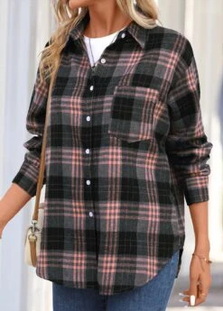 Dusty Pink Button Plaid Long Sleeve Shirt Collar Blouse -UrbanLayer Store 344419 P 16988346908322