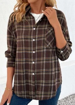 Dark Coffee Button Plaid Shirt Collar Blouse -UrbanLayer Store 344420 P 16988391701534