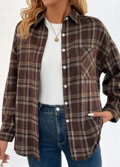 Dark Coffee Button Plaid Shirt Collar Blouse -UrbanLayer Store 344420 P 16988391705343
