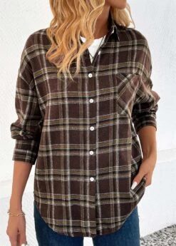 Dark Coffee Button Plaid Shirt Collar Blouse -UrbanLayer Store 344420 P 16988391705755