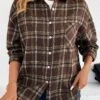 Dark Coffee Button Plaid Shirt Collar Blouse