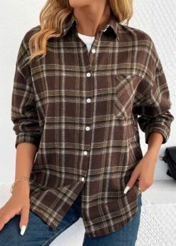 Dark Coffee Button Plaid Shirt Collar Blouse
